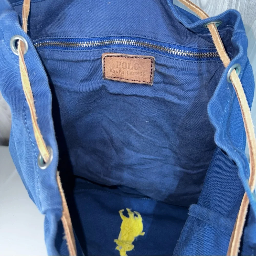Vtg Polo Ralph Lauren Blue Backpack Embroidered‎ Yellow Pony Logo Canvas Leather
